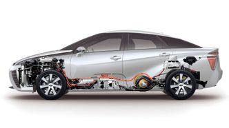 Elbil på hydrogen: Selve brenselcellen tar ikke mye plass. Det er plassert midt i bilen foran den fremste hydrogentanken som ligger under baksetene. Det som ligger under panseret er pumper, kompressor og annen utrustrning som trengs til gassvekslingen. I fremtidige modeller vil brenselcellen og utrustningen ta mindre plass. Foto: Toyota