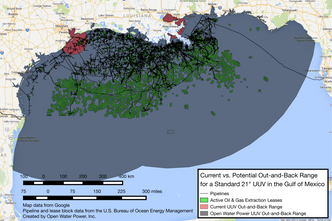 Rekkevidde: I dag rekker ikke vanlige 21 fot langt UUV-er langt ( i rødt) når de sendes på oppdrag i den meksikanske gulf og skal tilbake igjen. Utstyrt med den nye aluminium/vann kraftcellen vil de kunne dekke hele området hvor det er oljeutvinning og rørledninger. Foto: OWP