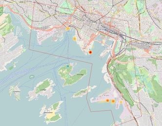 Utslipp fra kaier i Oslo Havn 2016. Kraftig rødt viser hvor punktutslippene er høyest. Kartet ble laget for ReCharge-prosjektet med DNV GL, Oslo Havn, ABB og Cavotec. Utslippene fra Vippetangen stammer fra tre ferger. Utslipp fra Sørenga er fordelt på 46 ulike skip som trafikkerte havna mer eller mindre jevnlig. Bilde: DNV GL
