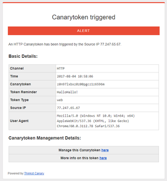 Eksempel på en varsling utløst av Canarytoken.