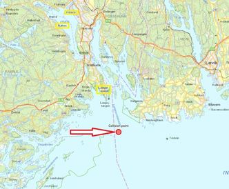 Scope 2017: Kartet viser hvor "kollisjonen" mellom gasstanker og kjemikalieskip inntreffer. Øvelsen vil ha Langesund som base. LPG-skipet er lastet med ammoniakk, på vei til Yara på Herøya. Øvelsen krever innsats fra spesialtrent mannskap i kjemikalievern samt oljevern. Foto:  Kystverket