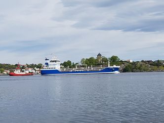 Kjemikalie/oljeprodukttanker MT Lexus på 4320 dødvekttonn passerer Brevik på vei ut fra Frierfjorden. Alle skip med farlig last eskorteres av et slepefartøy som skal hindre grunnstøting og kollisjon om skipet får full stans i maskineriet og dermed "black out". Foto:  Tore Stensvold