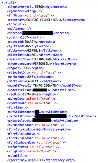 Eksempel på hva slags informasjon som var tilgjengelig via proxyen. Her er det informasjonen om fullskalamodellen av Il Tempo Gigante som vises. Den eies av et firma som naturlig nok ikke har noe fødselsnummer. Bilde: Roy Solberg