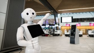 Roboten «Mari» skal hjelpe de reisende på Flesland den nærmeste tiden. Foto:  Eirik Helland Urke