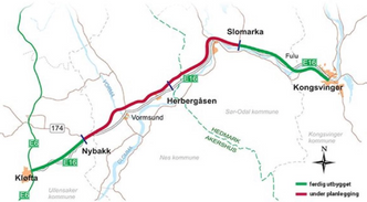 <strong>E16 Slomarka – Herbergåsen – Nybakk</strong> Kart: Vegvesenet
