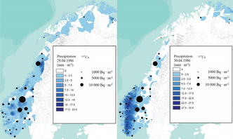 Forurensningen fra Tjernobyl-ulykken spredte seg på en annen måte. OBS! Selv om sirklene er omtrent like store som over var det helt andre mengder.