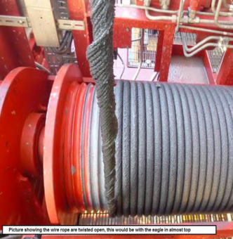 Slik så skaden på ståltauet ut i januar 2016. Senere ble tauet erstattet. Faksimile, Ptil.