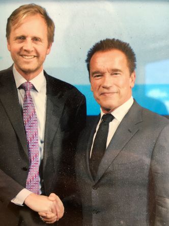 Miljøkamerater: Haugland i København med Arnold Schwarzenegger i 2012, da sistnevnte var guvernør i California.. Foto:  Privat
