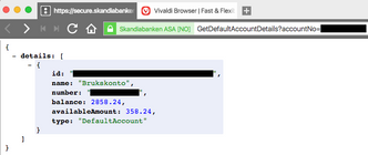 Kontodetaljene som ble vist i JSON-dokumentet.. Foto: Roy Solberg