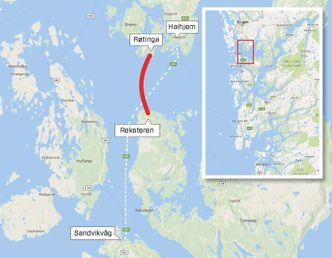 Bjørnafjorden ligger mellom kommunene Os, Austevoll og Fusa i Hordaland. Dagens E39 krysser Bjørnafjorden med ferge mellom Halhjem og Sandviksvåg. Vegvesenet planlegger bruforbindelse mellom Reksteren og Røtinga. De alternative traseene til og fra den nye brua er ikke tegnet inn på kartet. Illustrasjon: Kjersti Magnussen basert på Google Maps.