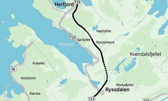 Ny fylkesvei 723 går helt utenom gamleveien. Illustrasjon: Statens vegvesen
