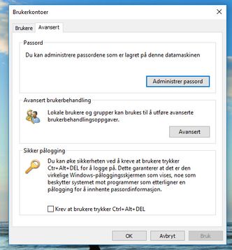 I blant annet Windows 10 kan man aktivere eller deaktivere kravet om at brukeren må trykke Ctrl-Alt-Del for å logge seg på via dette valget, som man finner via Kontrollpanelet. Foto: Skjermbilde