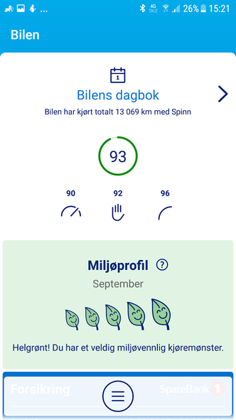 Sparebank 1 har implementert en såkalt miljøprofil som gir deg tilbakemelding om hvor miljøvennlig du kjører. Foto:  Skjermdump