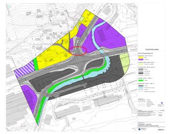 Dette plankartet for Årø rundkjøring ble vedtatt i kommunestyret sommeren 2007. Den røde ringen viser hvordan kryssingen av riksvei 64 er tenkt for myke trafikanter. Foto:  Molde kommune