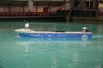 Modelltesting av Yara Birkeland i havbassenget til Sintef Ocean i Trondheim. Foto:  Tore Stensvold