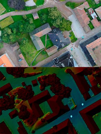 Bildene viser et utsnitt av 3D-modellen. Det nederste bildet viser høyden på terrenget der rødt er høyest i terrenget og blått er lavest. Kummene, som ligger der de blå markørene er, ligger altså på de laveste punktene av museumstomten. Foto: IF