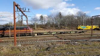 Spesialutgave av vogntypen Sggmrs(s)90, her sett i Padborg. Den toleddede godsvognen med tre boggier har fått påmontert skivebremser, slik at den kan brukes som testvogn for den nye målemetoden. Foto: Sweco