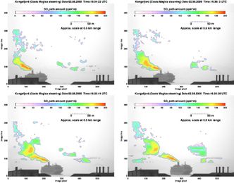 Cruiseskip på vei inn Kongsfjord, Ny Ålesund på Svalbard. SO<sub>2</sub>-målinger er gjort ved hjelp av UV-kamera. Bildeserien er fra en fagartikkel fra 2007 om tilpassing av UV-kamerateknologi fra landbasert industri til maritimt bruk. Bilde: PDf