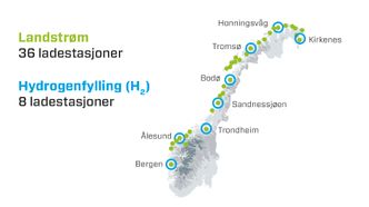 Kystruta kan fylle hydrogen på åtte steder underveis og lades på 33-35 steder. H2-infrastruktur er tenkt å kunne dekke mange andre fartøy og transportmidler. Landstrøm og ladestrøm kan dekkes med lokal vindkraft/sol/vann og eller batteripakker på kai som lades med tilgjengelig strøm. Bilde: Kjersti Magnussen/TU/Selfa