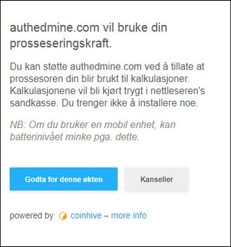 Her kan brukeren samtykke til at et nettsted utfører utvinning av kryptovaluta i brukerens nettleser så lenge de besøker nettstedet. Bilde: Skjermbilde