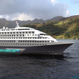 Innspill til nye kystruteskip fra LMG Marin og Gasnor: Konseptskipet Atlant var planlagt med gasselektrisk framdrift, kombinert med batterier. Plass er satt av til brenselceller og hydrogentanker. Bilde: LMG/Gasnor/Norwest3D