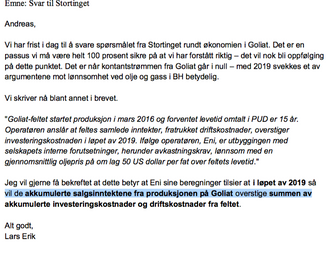 Her forklarer ekspedisjonssjefen i OED for Eni Norge viktigheten av at Goliat-tallene blir riktige, samtidig som han understreker at et Goliat i null i 2019 vil svekke argumenter mot lønnsomheten i Barentshavet.
