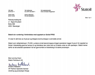 Her er Statoils brev til Petroleumstilsynet der de går god for at Goliat kan starte produksjonen. Dagen etter strømmet oljen fra Barentshavet. Foto:  Faksimile