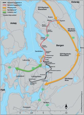 Kartet som viser de viktigste tiltakene i Bypakke Bergen.