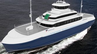 Konseptskisse for en hydrogendrevet ferge. I Pilot-E-prosjektet vil Fiskerstrand bygge om en eksisterende ferge for å spare penger. Bilde:  Multi Maritime/Fiskerstrand