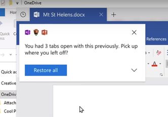 Gjenåpning av faner med Windows 10-funksjonen Sets. Da blir man spurt om man vil åpne enkelte eller alle de fanene som tidligere ble åpnet sist man åpnet et gitt dokument. Dette gjelder også på tvers av datamaskiner, så lenge man er innlogget med den samme Microsoft-kontoen. Bilde: Microsoft