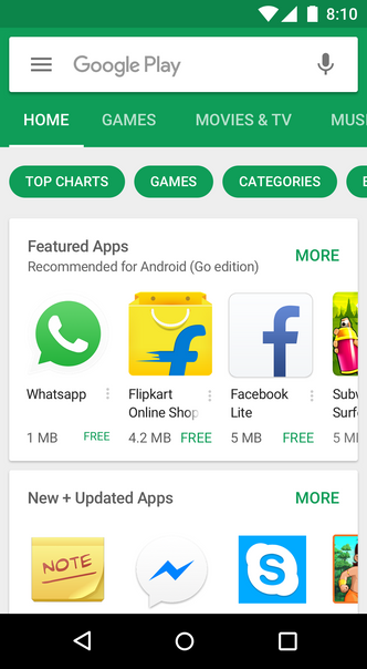 En egen Go-versjon av Play Store vil fremheve apper som egner seg for enkle telefoner. Bilde: Google