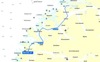Brødrene Aa har lekt litt mer med konsept for hydrogendrevet katamaran. Her er en mulig rute mellom Måløy i sør og Ålesund i nord tegnet inn, med passasje gjennom Stad skipstunnel. Seilasen er 60 nautiske mil hver vei. I 19,9 knop kan den gjøres på ca. 3 timer med et energibehov på 3,5 MWh. Batteriene vil veie ca. 50 tonn. Bilde:  Br. Aa