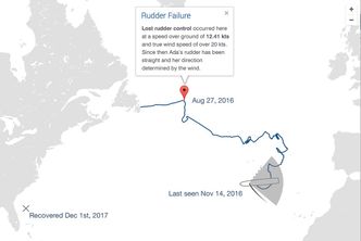 Kartet som viser Adas seilas fra 24. august til 14. november 2016. Nede til venstre ble Ada funnet utenfor Florida 1. desember i år. Bilde:  UBC
