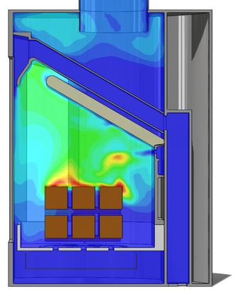 Gassforløpet i en rentbrennende ovn er komplekst. I stedet for å sende ut varm røyk med uforbrente gasser, avgis mer av varmen i rommet. Illustrasjon: Morten Seljeskog, Sintef Energi