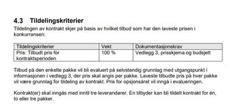 Ingen tvil om at miljøkriteriet er utelatt i Samferdselsdepartementets anbudskriterier for kystruten. Bilde:  Faksimile fra Doffin