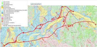 Mens ca. ¾ av traséen i alternativ 1 går i områder med leire, silt og myr, går både alternativ 2 og 3 kun med ca. ¼ av strekningen itilsvarende dårlige grunnforhold. Bilde:  Statens vegvesen