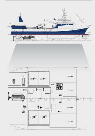 Ensilasjesystemet fra PG Flow inntegnet i en typisk havtråler på over 70 meter. Plassen utnyttes maksimalt. Bilde:  PG Flow Solutions