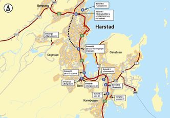 Mesteparten av kostandene på 2,5millairedr kroner, skal henets inn gjennom 8 bomstasjoner i og rundt Harstad. Illustrasjon:  Harstad-pakken