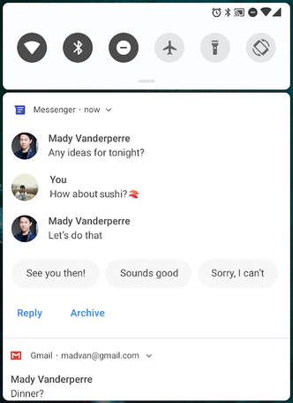 I varslingsfeltet til Android P kan brukeren vise meldingssamtaler, svare ved hjelp av et trykk på skjermen, men også legge ved blant annet bilder. Illustrasjon: Google