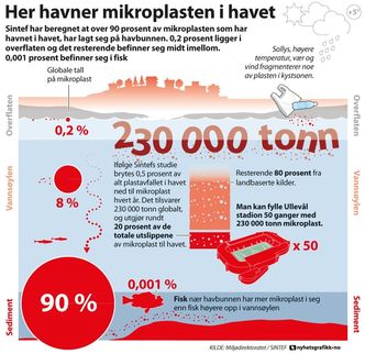 Slik fordeler mikroplasten i havet seg, ifølge Sintef-forskerne. Bilde:  Miljødirektoratet/Sintef/Nyhetsgrafikk
