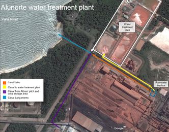 Satellittbilde av området rundt vannrenseanlegget og fargekoder som viser navn på kanalene som fører overflatevann og renset vann ut til elven Pará. Elva er dobbelt så bred som Sognefjorden. Bilde: Google/Hydro