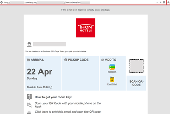 Bekreftelse på hotellreservasjon ved Radisson RED Cape Town, men med Thon Hotels-logo. Den delen av URL-en som inneholder det løpende ID-nummeret, er godt synlig i adressefeltet til den avbildede nettleseren. Skjermbilde: Roy Solberg