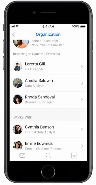 I kontaktoversikten i Outlook for iOS er det nå mulig å se hvilke ansatte i samme virksomhet som jobber sammen med en utvalgt kontakt, og hvem som rapporterer til vedkommende. Illustrasjon: Microsoft