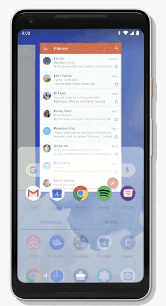 Den nye systemnavigasjonen i Android P dreier seg kun om hjemknappen nederst i midten. Illustrasjon: Google