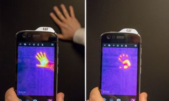 Her var hånden: Legger man hånden på veggen er det lett å se varmesignaturen av den. Når den tas bort kan man fremdeles se hvor den var fordi den har varmet opp veggen. Foto:  Odd R. Valmot