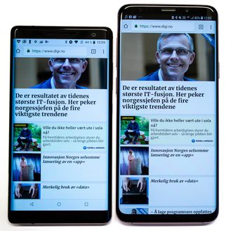 Nokia 8 SIrocco ved siden av Samsung Galaxy S9+ Foto: Odd Richard Valmot