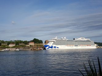 Cruiseskip ved kai må ha generatoren i gang for å produsere strøm. det gir store utslipp av helseskadelige stoffer som NOx, SOx og sotpartikler samt klimagassen CO2. Foto:  Tore Stensvold