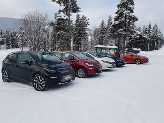 Bildet viser en rekke elbiler ved en hurtigladestasjon i Valdres. Foto: Marius Valle