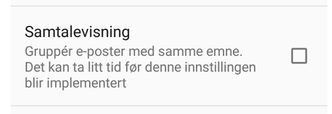 Dette er innstillingen for å skru av samtalevisningen i Gmail for Android i forbindelse med en G Suite-konto. En tilsvarende mulig finnes også i iOS-utgaven. Innstillingen er foreløpig ikke synlig for alle brukere. Skjermbilde: digi.no