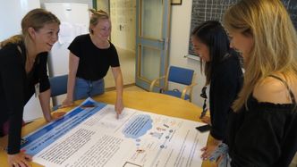 Hedvig Nordeng (t.v.), Mette Lange-Nielsen, Bich Thuy Ha Truong og Sandra Klaudia Murzynowska representerer fagområdene farmasi, sosialantropologi og informatikk. Alle har bidratt med ulike sysnpunkter og innspill til hvordan "MinSafeStart"-appen bør se ut. Foto:   Ida Arff Tarjem/UiO